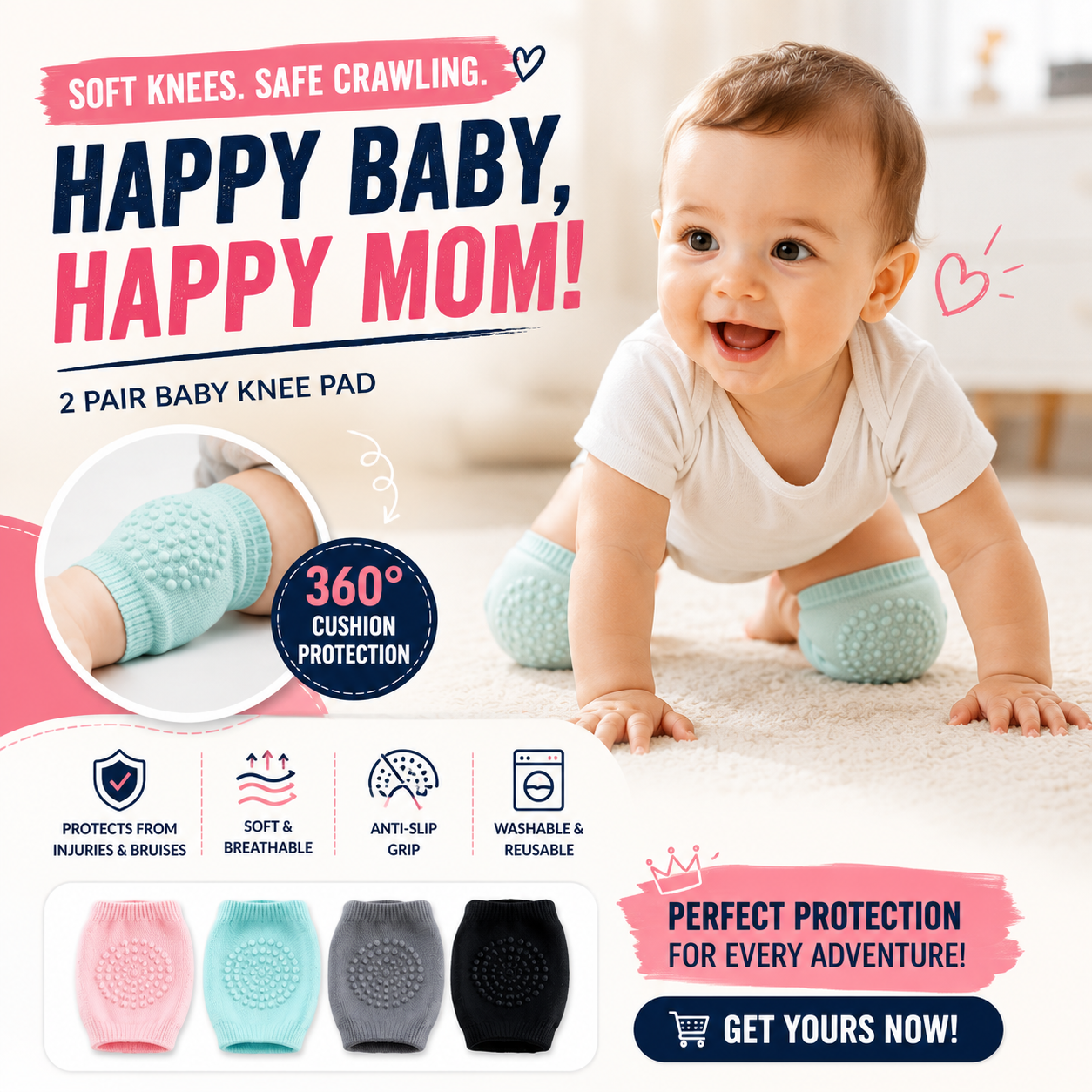 Premium Anti-Slip Baby Crawling Knee Pads (2 Pair Pack)
